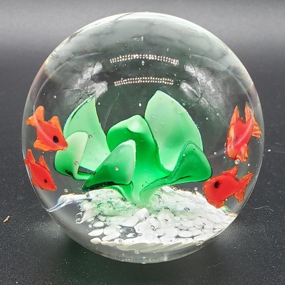 Clear Round Green Flower Red Fish Aquarium  Art Glass Paperweight - Picture 1 of 6